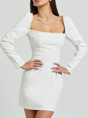 bindi boat neck bodycon mini dress in white Showpo. | Dresses | Showpo Color:BLACK/IVORY Hidden back zipper/clasp FW2526 & OTHER STORIES Asymmetrical